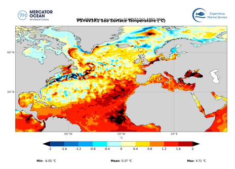  Figure 4A : Anomalies de température de surface de l'Océan Atlantique Nord en février-mars-avril 2024 en comparaison de la moyenne pour la même période entre 1993 et 2016 (source : Union Européenne - Mercator Océan).